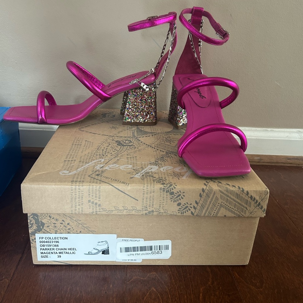 Free People Pink Strappy Heels with Glitter Block Heel